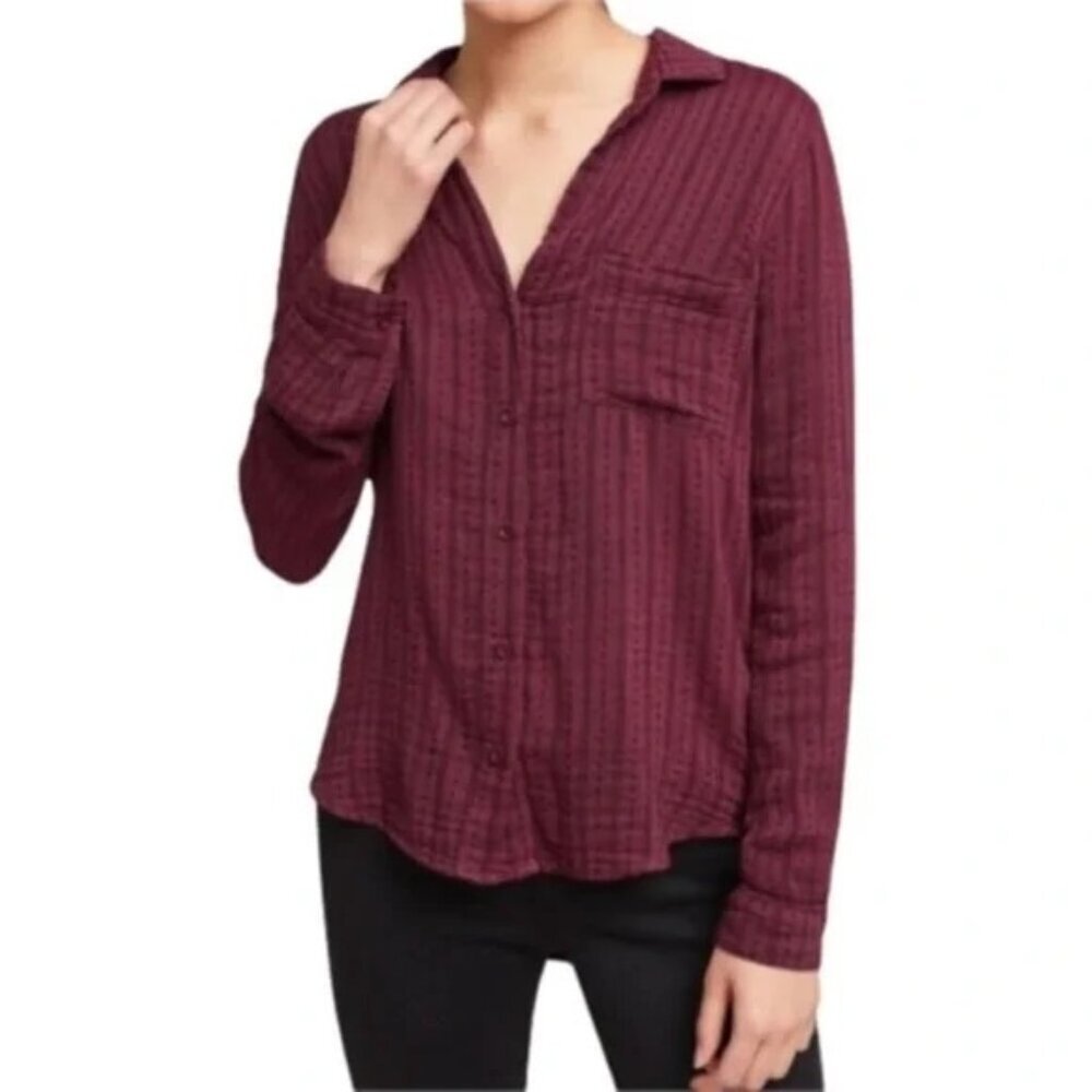 Anthropologie Cloth & Stone Tulane Burgundy Stripe Button Down Top